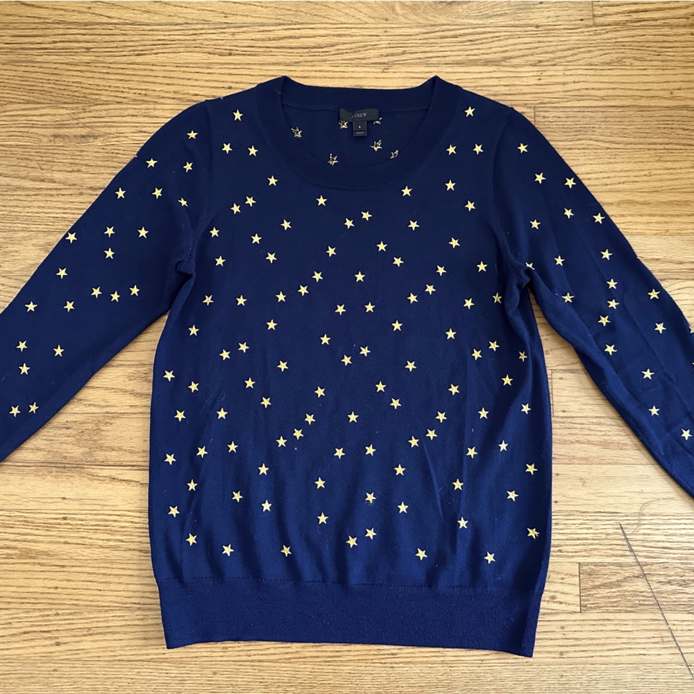 New J. Crew women sz S navy gold stars merino wool light weight sweater